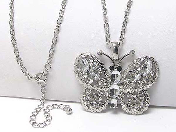 Crystal stud large butterfly pendant long necklace