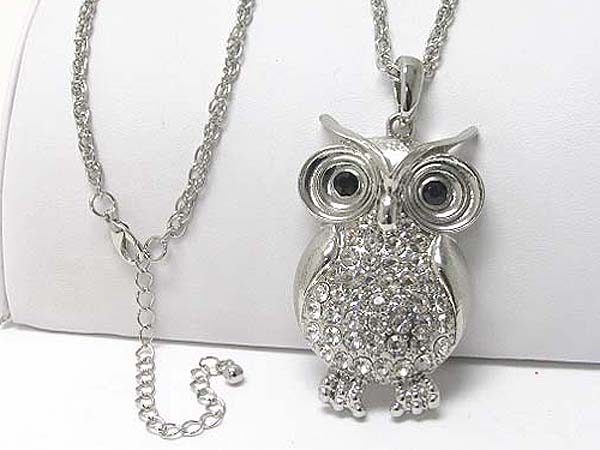 Crystal stud large owl pendant long necklace