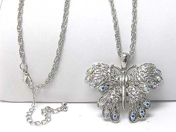 Crystal stud large butterfly pendant long necklace