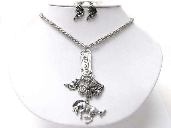 Western theme charms dangle necklace earring set