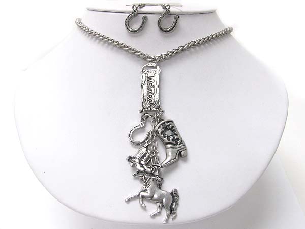 Western theme charms dangle necklace earring set