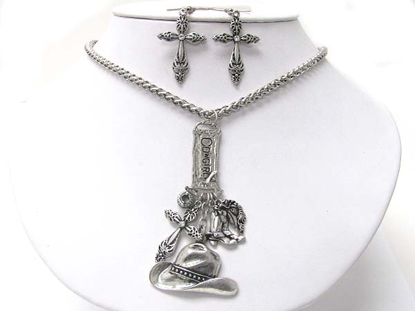 Western theme charms dangle necklace earring set