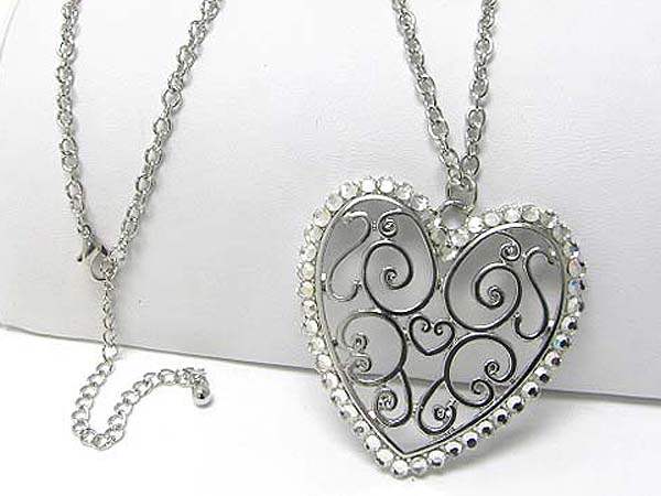 Crystal stud largefiligree heart pendant long necklace