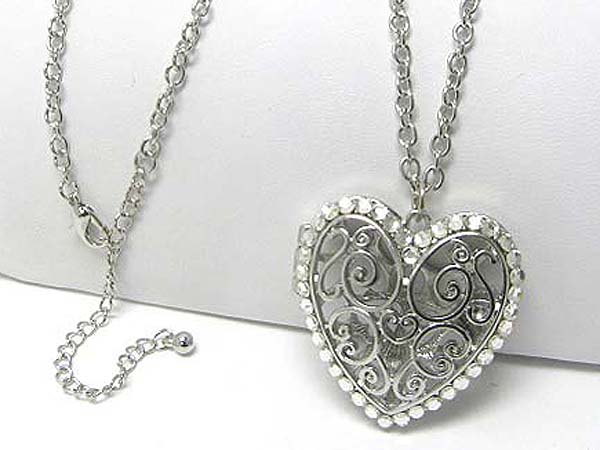 Crystal stud largefiligree heart locket pendant long necklace