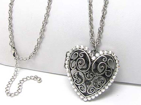 Crystal stud largefiligree heart locket pendant long necklace