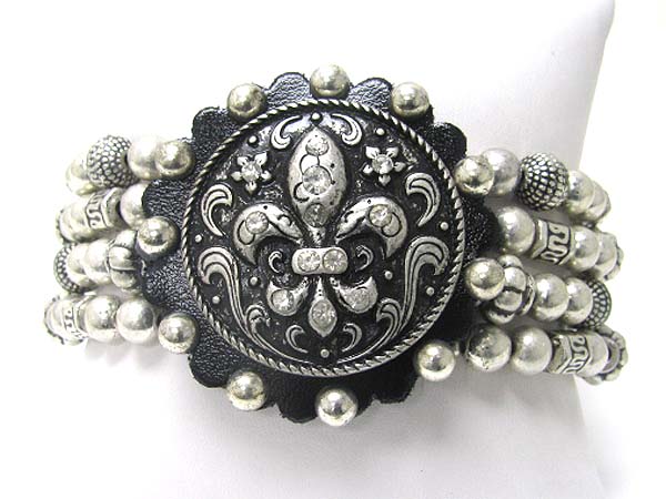 Crystal stud metal fleur de lis  round top multi row stretch bracelet