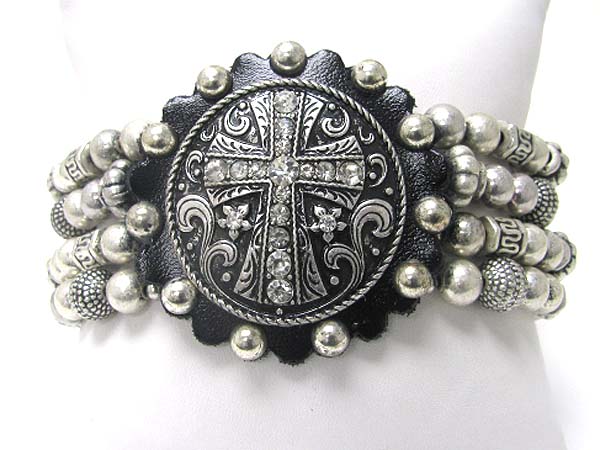 Crystal stud metal cross round top multi row stretch bracelet