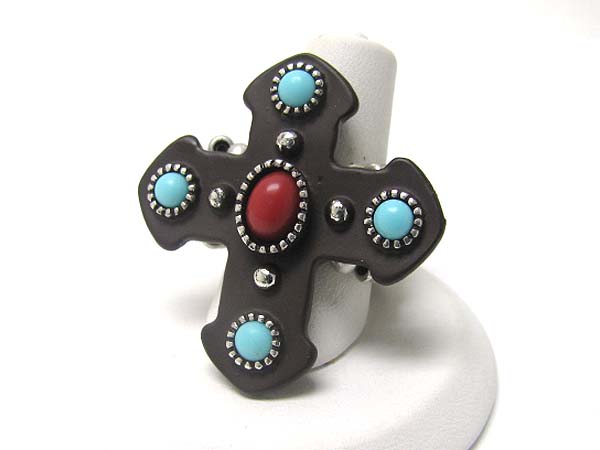 Antique look natural stone cross stretch ring