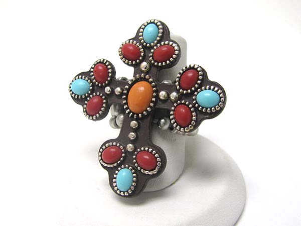 Antique look natural stone cross stretch ring