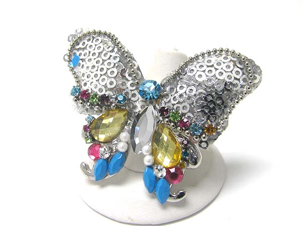 Crystal sequins beads art deco butterfly stretch ring