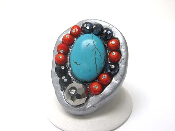 Antique look turquoise and natural stone patina oval stretch ring