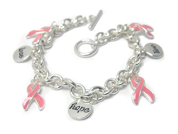 Pink ribbon epoxy charm dangle bracelet - breast cancer awareness