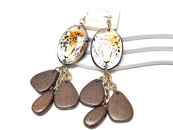 Oval leopard patern drop multi chain with wooden triagle drop earring