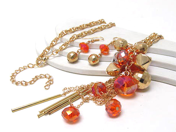 Multi metal and crystal glass mix dangle  drop long chain necklace earring set