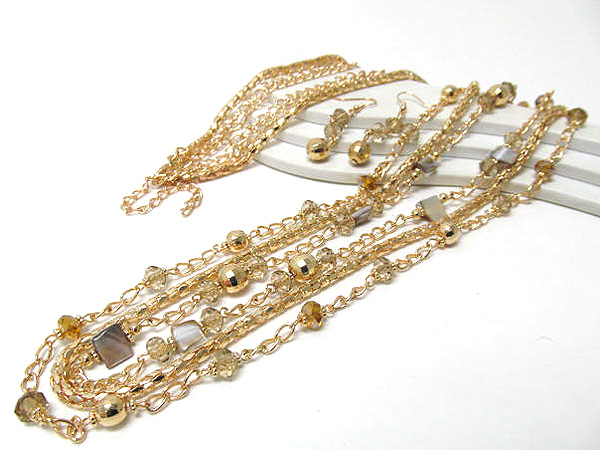 Multi shell and crystal glass three layer with tube chain long chain necklace earring set