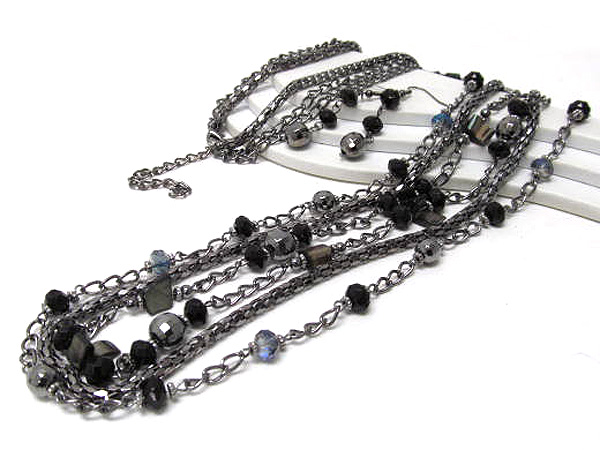 Multi shell and crystal glass three layer with tube chain long chain necklace earring set