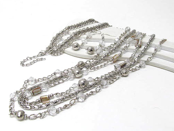 Multi shell and crystal glass three layer with tube chain long chain necklace earring set