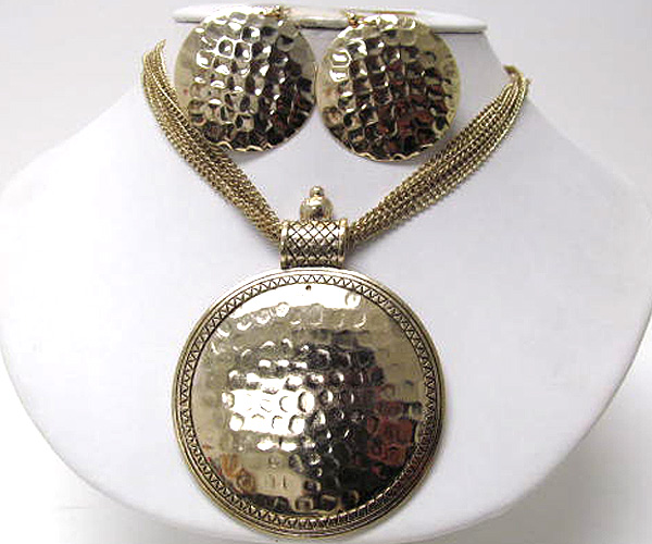 Large hammered metal round medallion multi chain necklace earring set