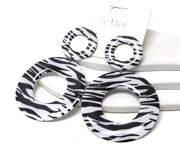 Two metal open round disk print zebra drop earring