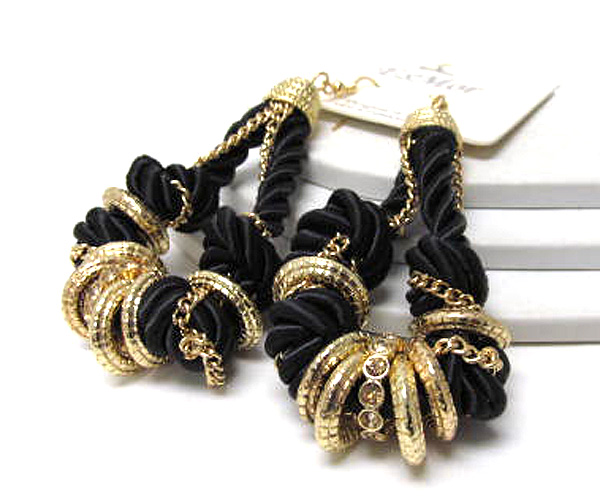 Metal chain with crystal on silk cord twisted  drop earring