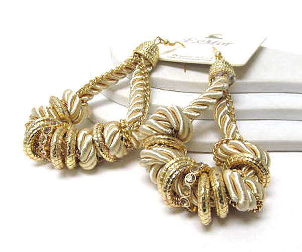 Metal chain with crystal on silk cord twisted  drop earring