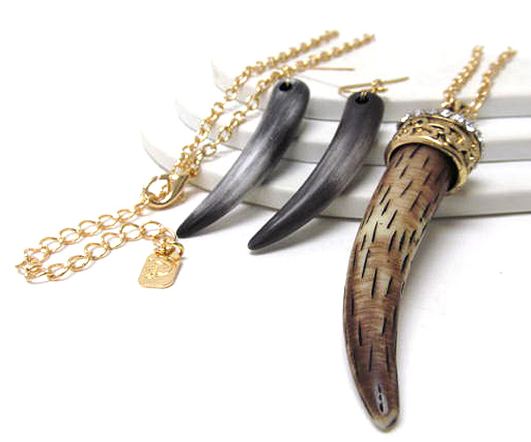 Wood horn and crystal top metal long chain neckalce earring set