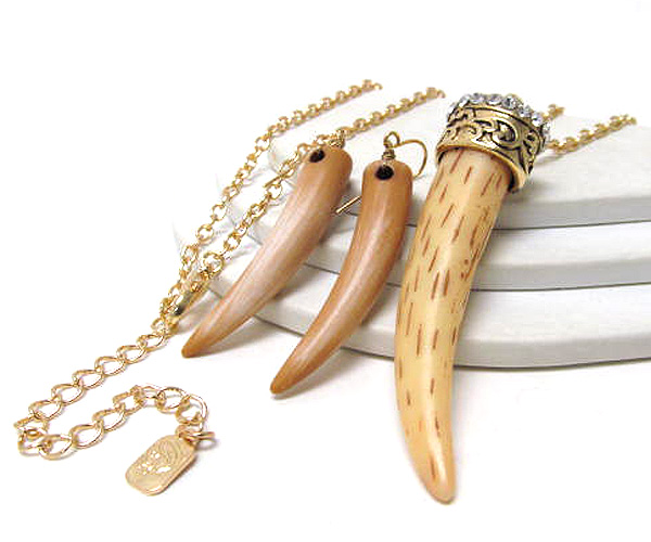 Wood horn and crystal top metal long chain neckalce earring set