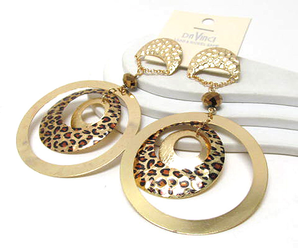 Metal chain drop fashion pebble round disk leopard print drop earring