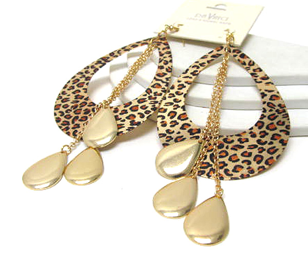 Multi chain drop small tear drops disk dangle and one large cut out tear drop print leopard earring