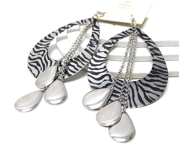 Multi chain drop small tear drops disk dangle and one large cut out tear drop print zebra earring