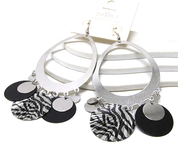 Metal tear drop and drop round disk dangle print zebra earring