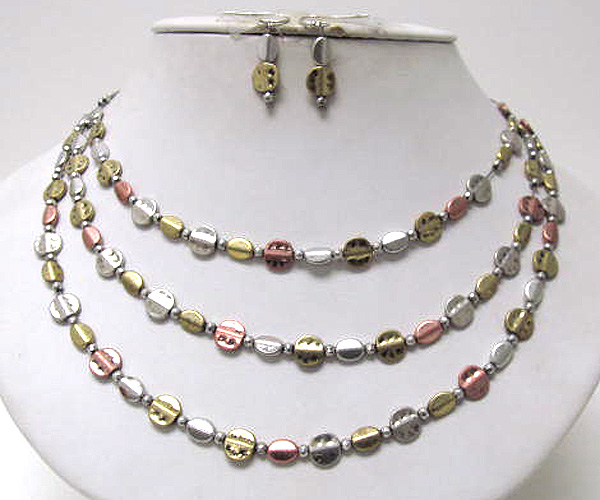 Multi small round hammerd metal and metal small balls drop wired chain necklace earring set