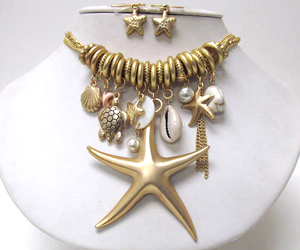 Multi metal rings drop large star fish and sea life charm chian necklace earring set