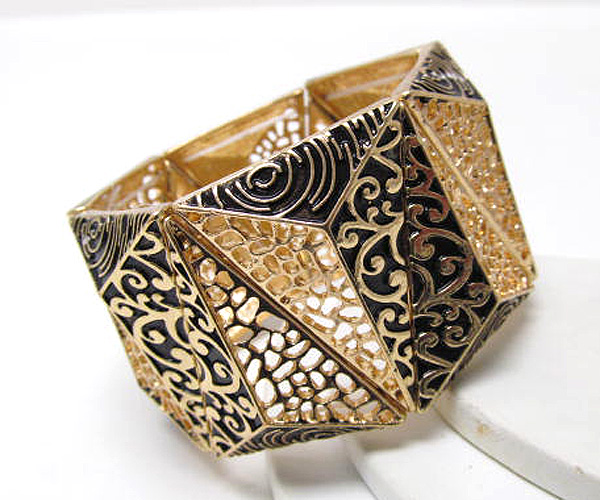 Metal triangle mixed patern filigree stretch bracelet 