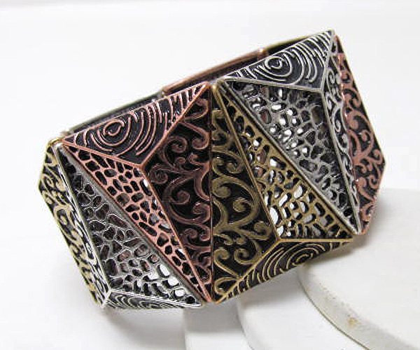 Metal triangle mixed patern filigree stretch bracelet