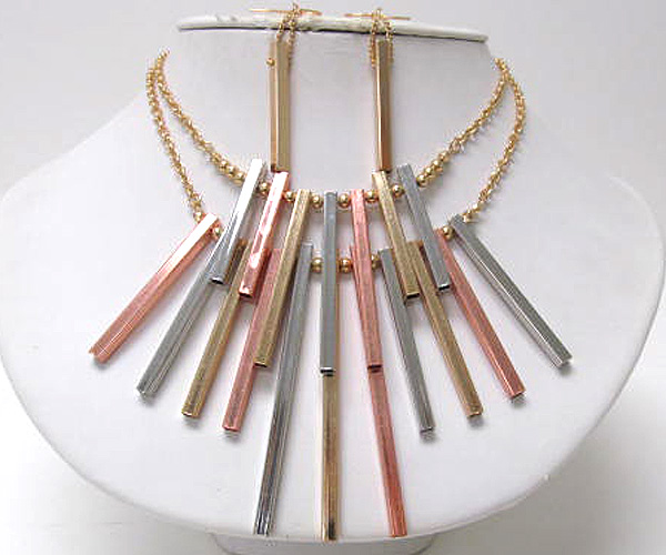 Multi metal bars and metal balls drop necklace earring set