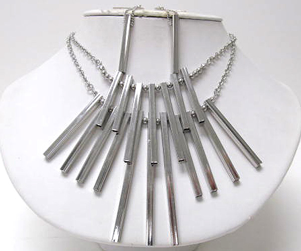 Multi metal bars and metal balls drop necklace earring set