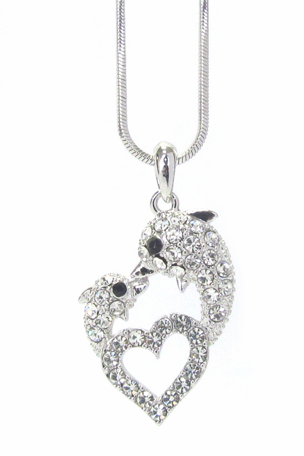 MADE IN KOREA WHITEGOLD PLATING CRYSTAL DOLPHIN LOVE HEART PENDANT NECKLACE