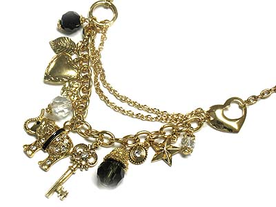 Crystal key and elephant and other charms dangle multi strand necklace