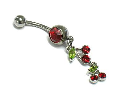 Made in korea whitegold plating crystal cherry dangle belly charm - surgical steel post body jewelry