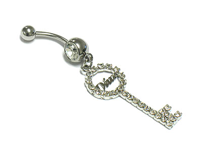 Made in korea whitegold plating crystal key dangle belly charm - surgical steel post body jewelry 