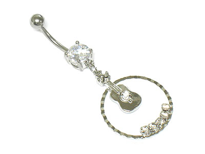 Made in korea whitegold plating crystal guitar and circle dangle belly charm - surgical steel post body jewelry 