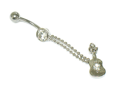 Made in korea whitegold plating crystal guitar long drop dangle belly charm - surgical steel post body jewelry 