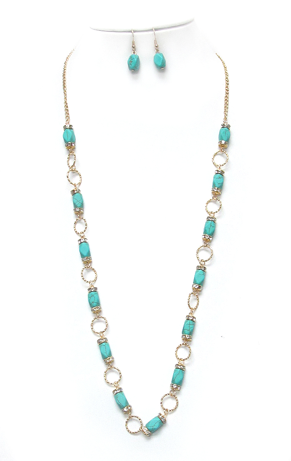 Multi turquoise and crystal rondelle link long necklace set