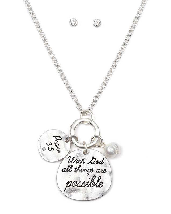 Handmade religious inspiration message disk necklace set - with god all things are possible