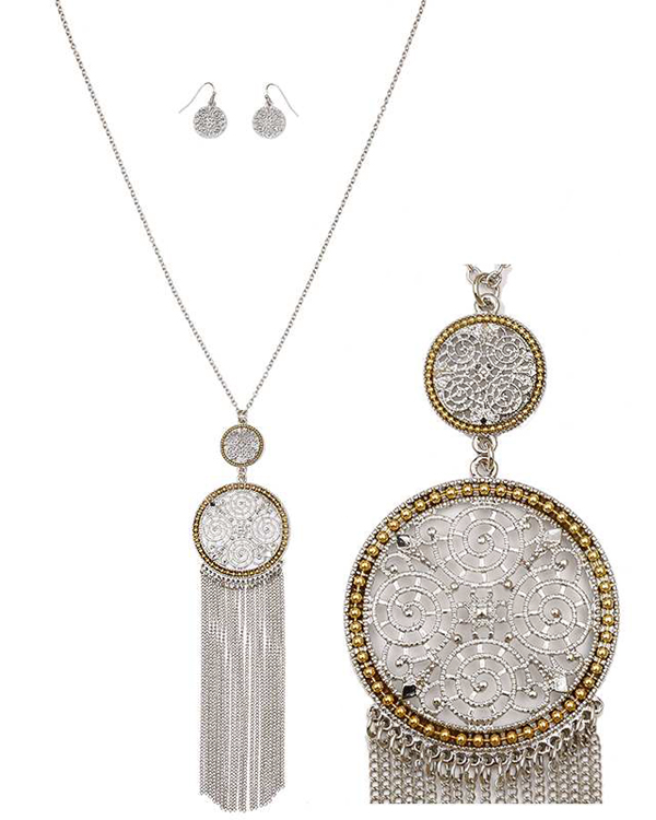 Metal filigree disk and tassel drop long necklace set