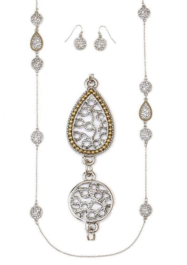 Metal filigree teardrop station long necklace set