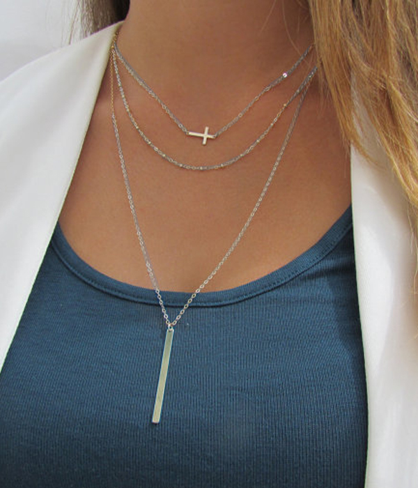 Etsy style cross and bar simple layered necklace?