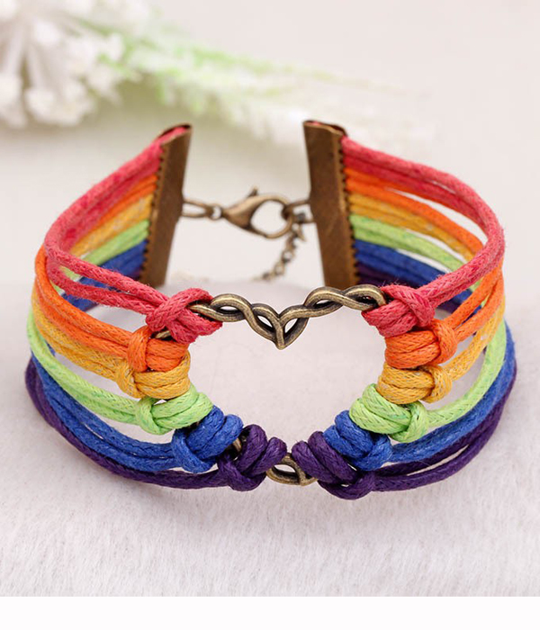 Multi color heart and leather bracelet