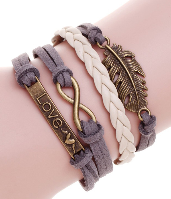 Multi row leatherette wrap bracelet - love feather infiniti